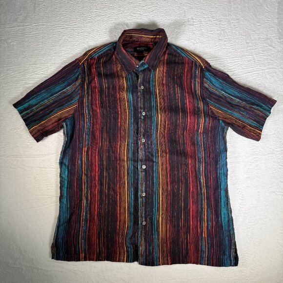 Brandini Pure Silk Men's Shirt Button Down Short Sleeve Stripes Large - Picture 1 of 5